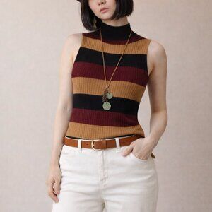Questions? - Ribbed Knit Sleeveless Striped Mock Turtle Neck Sweater - Womens M